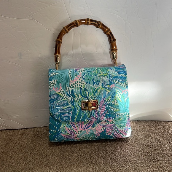 Lilly Pulitzer Top Handle Purse bamboo handle bag new nwot blue green pink - Picture 2 of 7